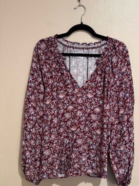 Old Navy Burgundy Floral V-Neck Long Sleeve Blouse